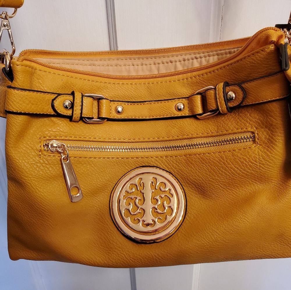 Mustard yellow with gold accents crisscross bag